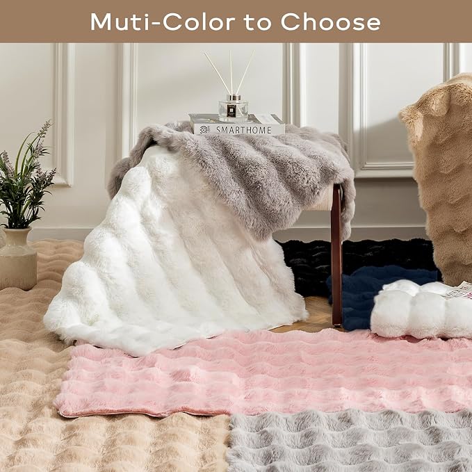 Ashler Faux Rabbit Fur Rug, Beige 3x5 FT Fluffy Soft Area Rugs, Rectangle Fuzzy Carpet for Living Room, Bedroom, Machine Washable - 3D Bubble Mat