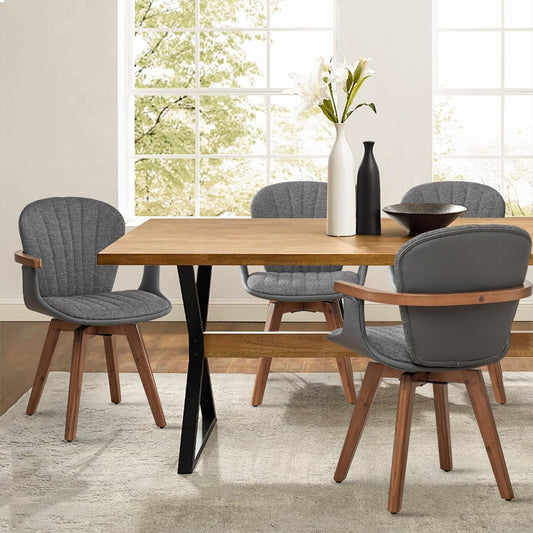 LUNLING Swivel Dining Chairs Set of 4, Mid Century Modern Gray Fabric+Faux Leather Kitchen Chairs with Arms,Bamboo Legs Side Chairs No Wheels,Accent Chair for Dining Rooms and Offices(Gray Fabric)