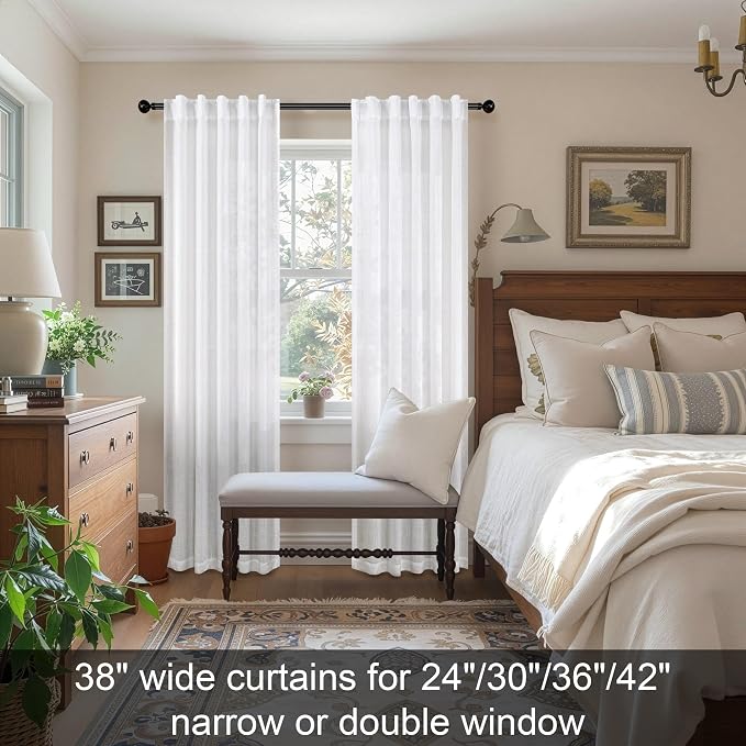 White Curtains 38 Inch Wide for Bedroom 2 Panels Back Tab Rod Pocket Semi Sheer Privacy Cotton Textured Light Filter White Linen Curtains for Living Room Rustic Farmhouse Boho Decor Width 38 x 96 Long