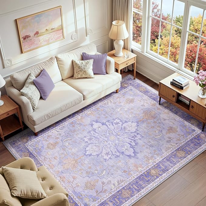 RELEANY Area Rugs 6'x9' Washable Non-Slip, Floral Vintage Distress Print Pattern Medallion Carpet for Living Room Bedroom Dining Room, Light Purple Brown