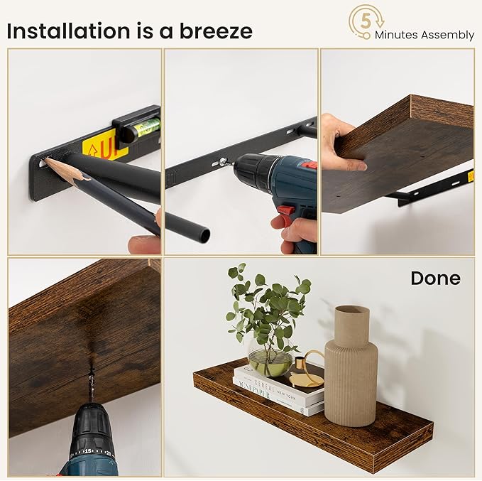 Fun Memories Floating Shelves for Wall, Rustic Wood Wall Mounted Shelves for Bathroom, Bedroom, Living Room and Kitchen, Storage & Home Decor (Set of 4, Brown, 8 in)