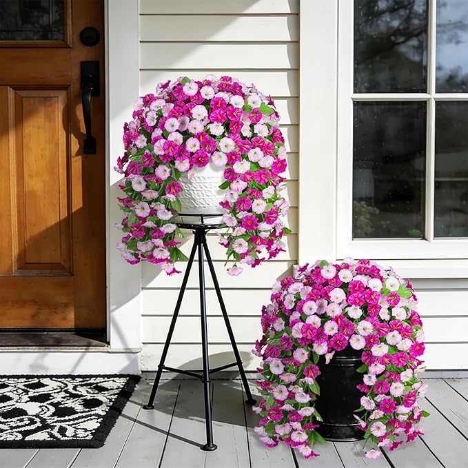 INXUGAO Artificial Fake Hanging Flowers Plants for Outdoor Decoration, 2PCS Faux Silk Morning Glory Long Vines Stems UV Resistant Look Real for Outside Home Porch Patio(Violet)