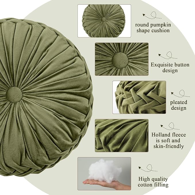 Drydiet 1 Pcs Round Throw Velvet Pillows Decorative Pleated Throw Pillows Diameter Accent Pumpkin Boho Chair Cushion for Couch Sofa Home Decoration (Dark Olive Green,15'')