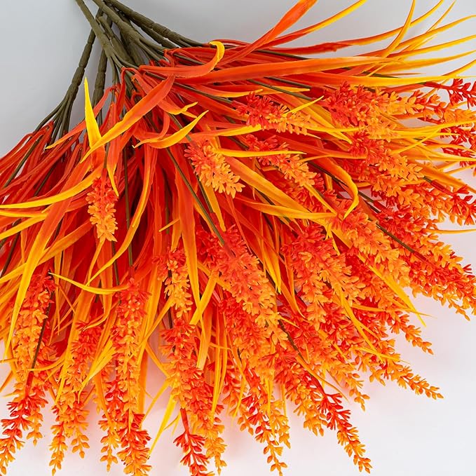 Nigirior Artificial Fall Flowers for Outdoor Plants 24 Bundles Fake Lavender Plastic Faux Monkey Grass for Verandah Window Garden Office Patio Front Porch UV Resistant for Planter(Autumn Red)