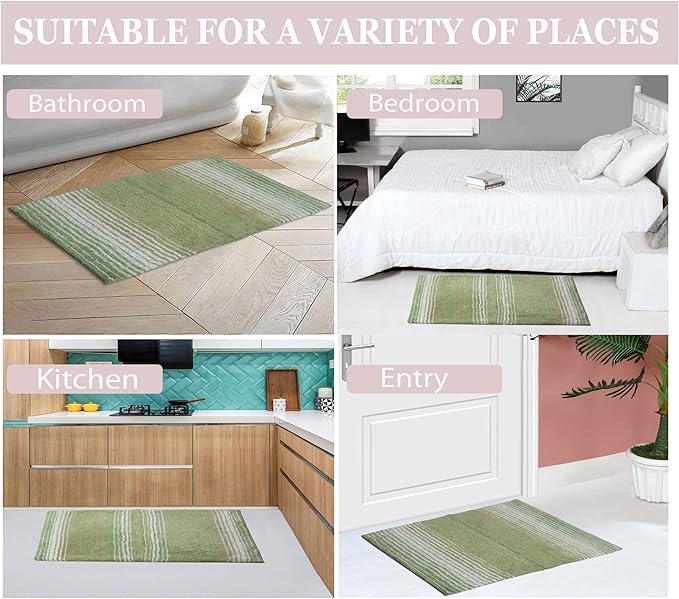 Home Weavers 100% Cotton Gradiation Collection Bathroom Décor | Washable Rug | Bathroom Mat | Kitchen Mat | Bathroom Rug Set | Bath Mat Set | Bath Floor Mat Non Slip, 3 Piece Set with Runner, Sage