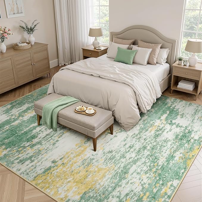Lofus 5x7 Area Rug for Living Room, Abstract Rugs with Non-Slip Backing, Neutral Modern Washable Carpet for Bedroom Dining Room Home Office Nursery Indoor, Light Green/Yellow