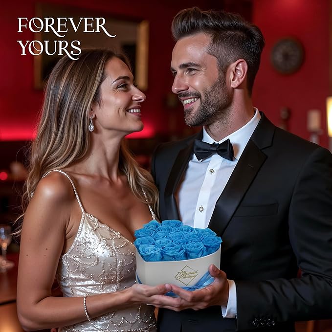 GLAMOUR BOUTIQUE Preserved Roses in a Box - Gifts for Her, Wife & Mom, Rose Flowers Forever Decor for Birthday Gift, Get Well Flower Bouquet Cased in White Box with Cover - Teal - 16 (Color-Treated)