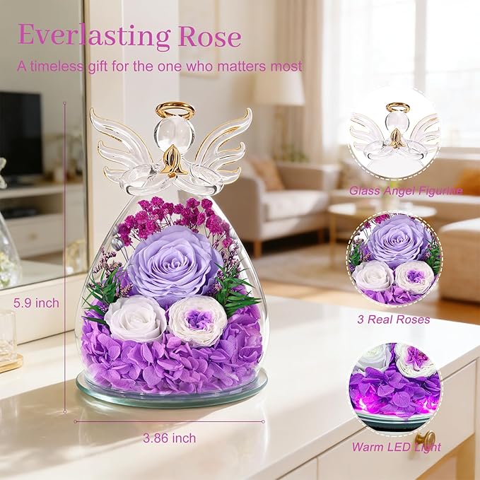 Bessol Gifts for Mom Birthday Flowers for Women Mothers Day Flowers for Delivery Preserved Roses Forever Flower in Glass Angel Figurines Fresh Eternal Rose for Grandma Wife Sister Daughter Friends