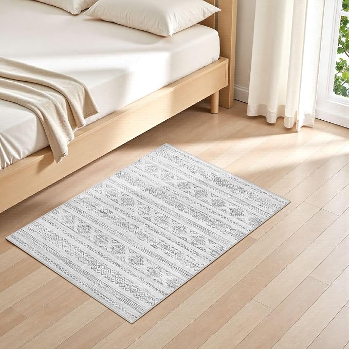 Tortania Area Rug Living Room Rugs - 2x3 Washable Soft Neutral Boho Moroccan Farmhouse Mat Indoor Floor Carpet for Bedroom Under Dining Table Home Office Decor - Ivory Gray