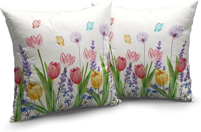 Summer Floral Throw Pillows Cover 18x18 Set of 2 Pink Tulip Flower Pillow Covers Lavender Dandelion Butterfly Decorative Pillow Case for Farmhouse Patio Sofa Couch