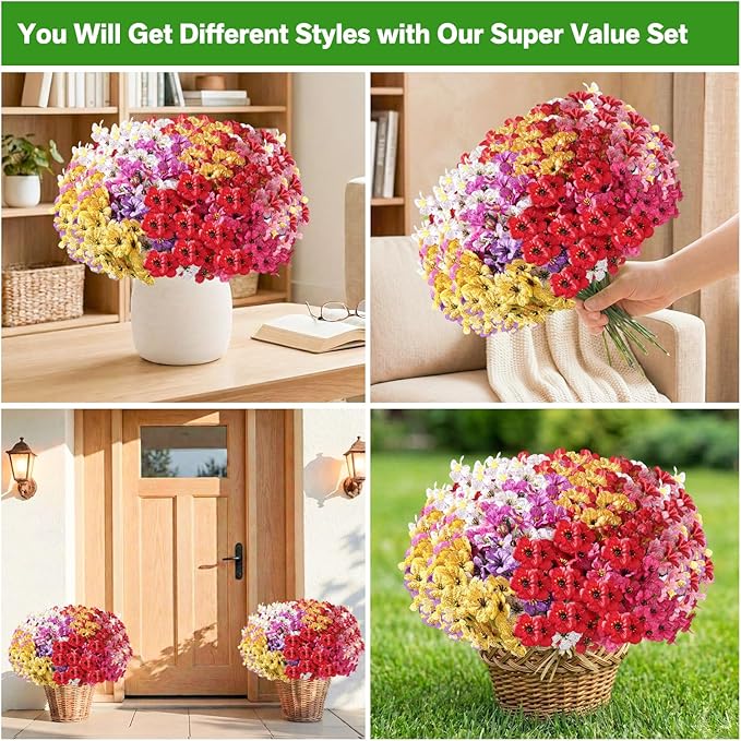 Powbrace 60 Pack Artificial Flowers Outdoor, Faux Silk Flowers for Outdoors Outside Front Porch Hanging Planter Window Box Garden Decoration(Mixed)