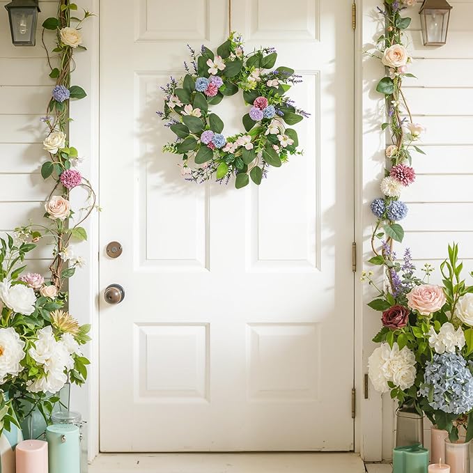 20 Inch Wreaths for Front Door, Spring Summer Flower Wreath - Purple Hydrangea Artificial Flowers for Easter, Home Decor, Farmhouse Wall, Porch, Front Door Decorations