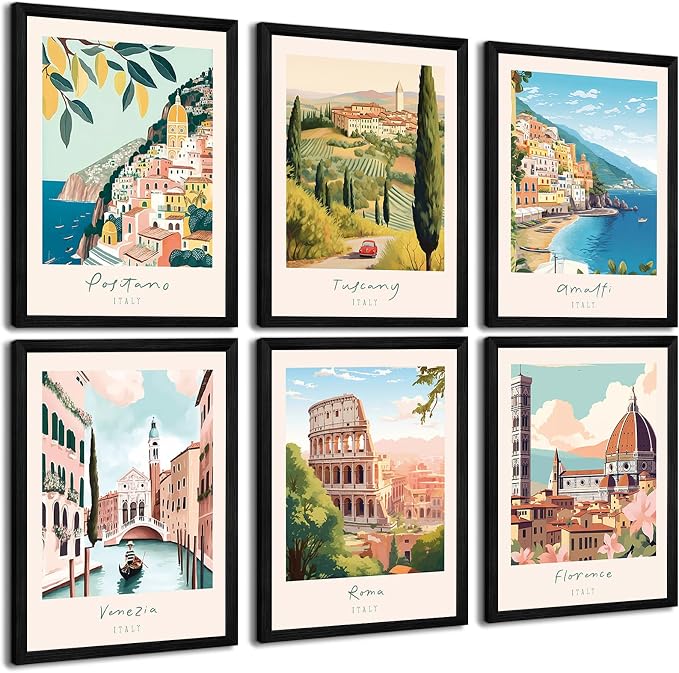 Italian Italy Wall Art Decor Amalfi Coast Travel Poster Italy City Canvas Wall Art Vintage Landscape Beach Painting Artwork Modern for Bedroom Living Room 8x10 Prints Wood Framed Set of 6