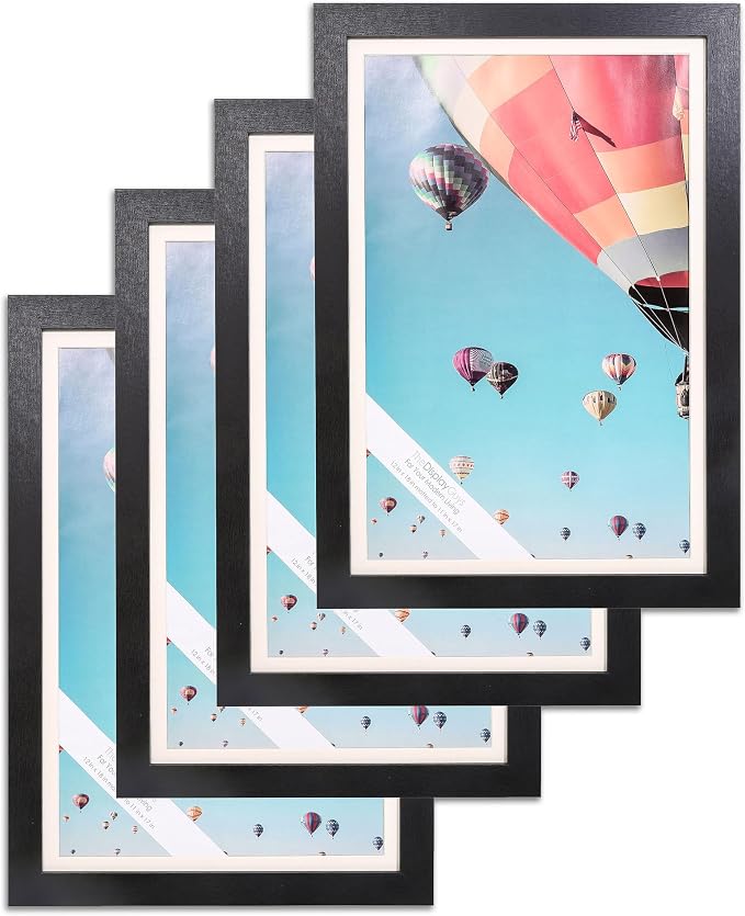 The Display Guys - Black Wooden Minimalist Picture Frames Set - Tempered Glass - 12x18 matted to 11x17 - Wall Hanging - 4-Pack