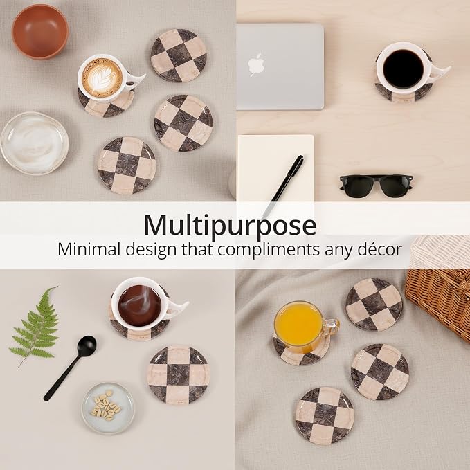 Marble Coasters Set of 4, Oceanic & Verona Handmade 4 inch Round Stone Coaster, Decorative Cup Coaster Plates for Dining Table, Housewarming Gift & Luxury Kitchen Accessories