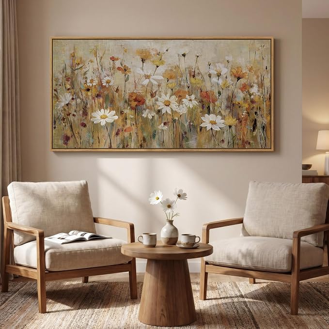 Large Framed Vintage Floral Wall Art for Living Room, Neutral Retro Flower Canvas Painting Prints, Rustic Cottage Core Botanical Picture for Farmhouse Bedroom Dining Room Office Wall Decor, 30x60 Inch