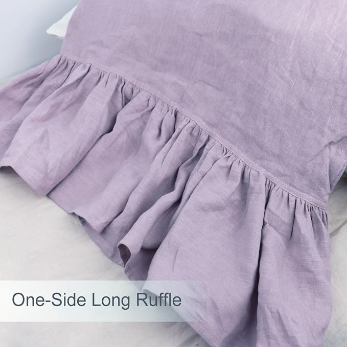 Grey Violet Ruffles Linen Pillowcase, 100% French Linen Pillow Cover, Twin Size 1 Piece Farmhouse Shabby Chic Pillow Case, 20''x26'' Pillowcase with Decorative Ruffle Envelope Closure