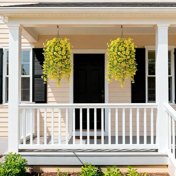 Artificial Fake Hanging Flowers Plants for Outdoor Spring Summer Decoration,2 PCS Faux Silk Daisy with Eucalyptus Leaves,UV Resistant Look Real for Outside Home Planter Porch Patio Balcony Yard Decor