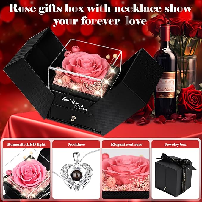 FIACO Gifts for Mom Preserved Real Roses with I Love You Necklace Fresh Forever Flowers Mothers Day Flower Gifts for Women Grandma Anniversary Birthday Gift for Girlfriend Wife Daughter