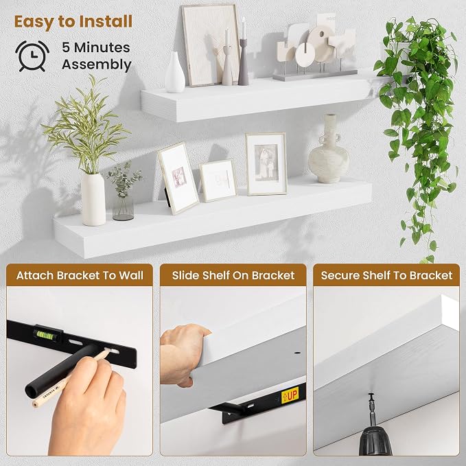Fun Memories Bathroom Shelves 32 Inch Long Set of 2, Floating Shelves for Wall with Invisible Brackets, for Bedroom, Living Room, Kitchen, White