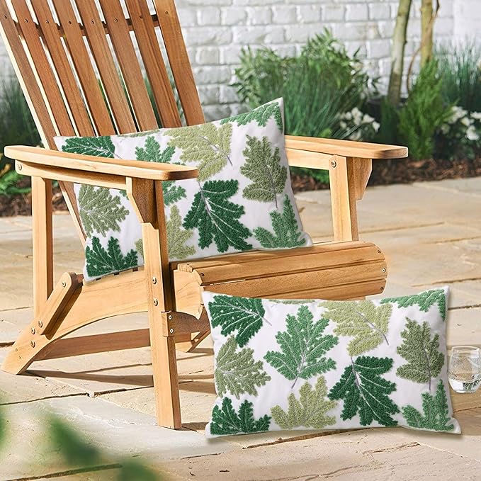 Set of 2 Embroidered Decorative Throw Pillow Covers Couch Square Pillowcases Cushion for Bedroom Sofa Farmhouse Decor 18x18 Inch (Green Maple Leaf-Lumbar)