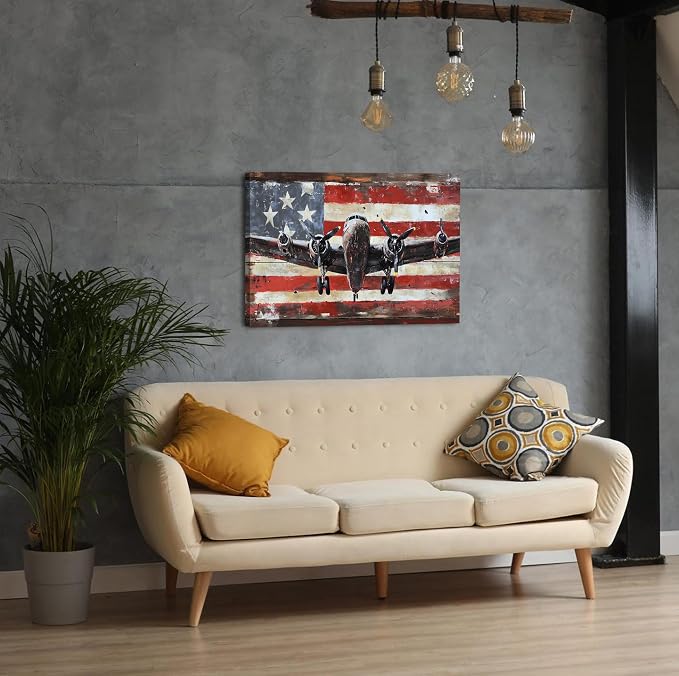Airplane Wall Art Aviation Decor for Men Office Living Room Home Decorations Vintage Airplane Propeller Wall Decor Retro American Flag Poster Kids Boys Military Fighter Canvas Pictures Artwork 20x30"