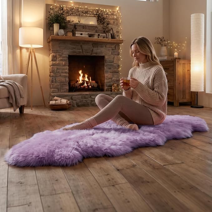 Premium Genuine Sheepskin Area Ruge - Real Wool Fur Shaggy Carpet | Fluffy Soft Natural Lambskin Rug Seat Chair Covers for Couch Sofa Bedroom Living Room(Violet,2×6 Feet Sheepskin)