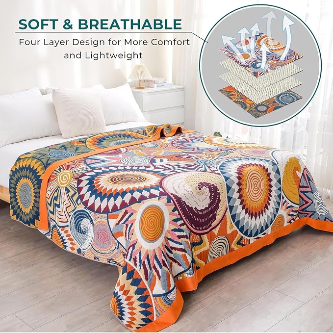 90"x108" Extra Large 4-Layer Gauze Summer Quilt for King Size Bed,100% Cotton Muslin Blankets for Adults,Reversible Boho Throw Blanket for Couch Bed Sofa Home Decor with Embroider Sun