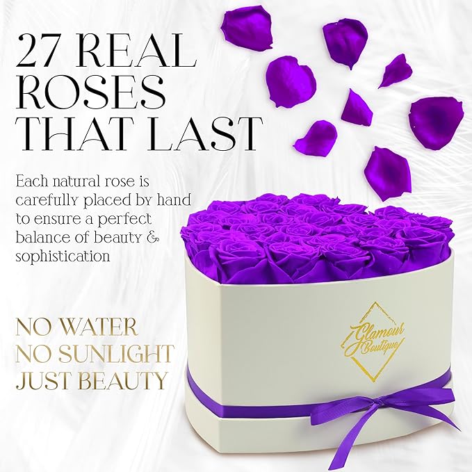 GLAMOUR BOUTIQUE Preserved Roses in a Box - Gifts for Her, Wife & Mom, Rose Flowers Forever Decor for Birthday Gift, Get Well Flower Bouquet Cased in White Box with Cover - Purple - 27 (Color-Treated)