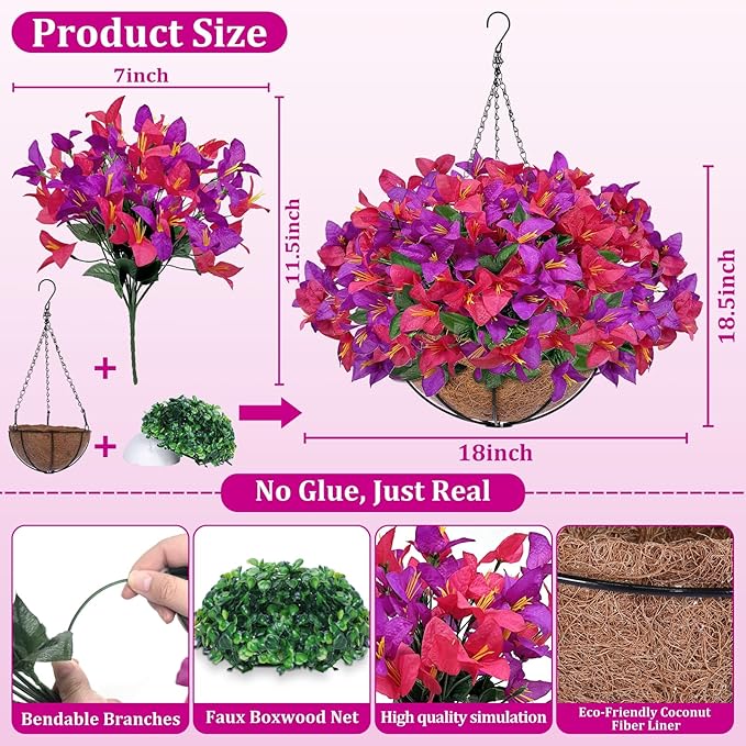 Artificial Fake Hanging Flowers Plants Basket for Outdoors, Faux Silk Bougainvillea in Planter UV Resistant Realistic Spring Summer Decoration for Outside Porch Patio Yard Home Decor (Purple Hotpink)