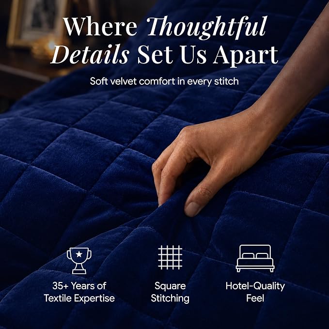 Tribeca Living Luxury Velvet Quilt Twin Size Set - 260GSM Ultra-Soft Oversized Velvet Bedspread Comforter Set with 1 Sham, in Florence Navy Blue