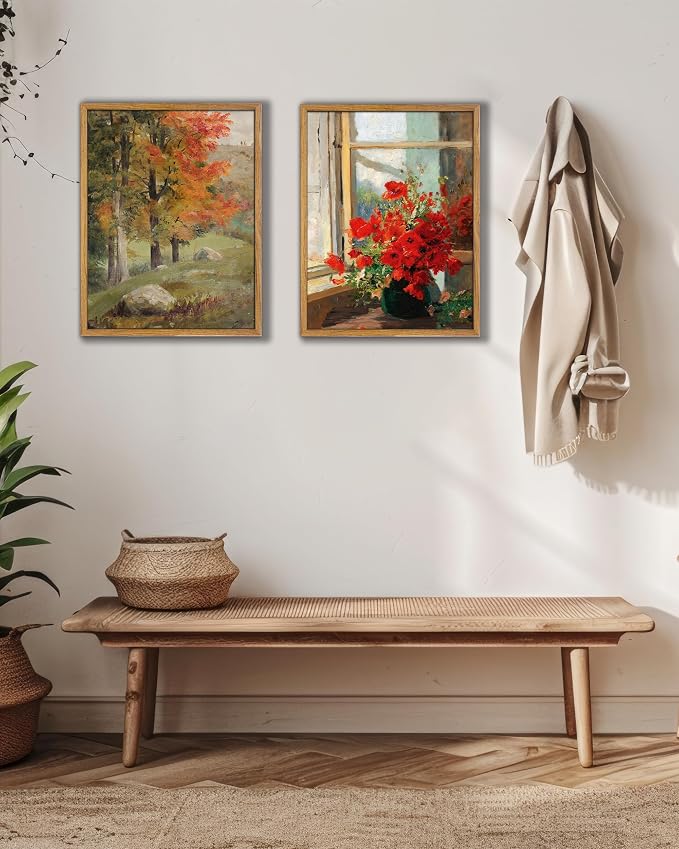 UPWOIGH 8x10 Framed Red Poppies Wall Art | Oil Painting Canvas Print, Vintage Farmhouse Style, Rustic Floral Décor, Living Room Bedroom Accent