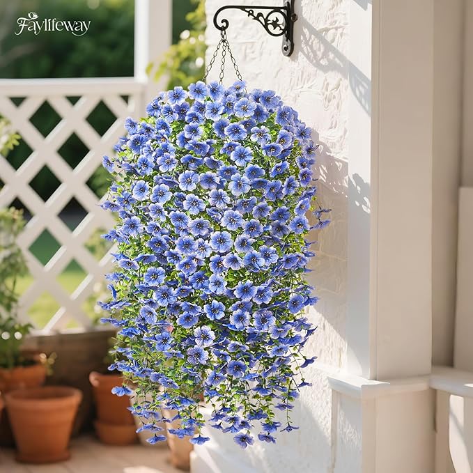 Artificial Hanging Flowers for Outdoors Spring Summer Decoration, 4PCS UV Resistant Silk Fake Hanging Plants for Patio Porch Front Yard Window Garden Indoor Decor(Blue,4PCS)