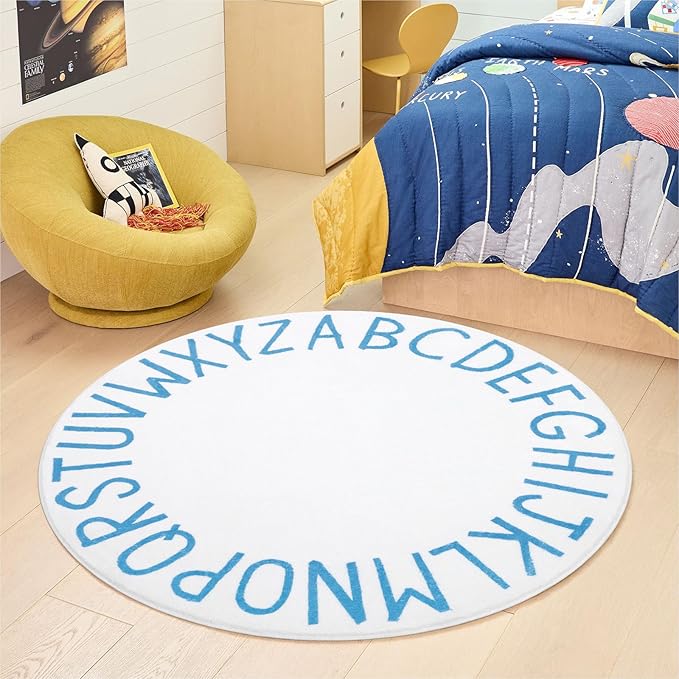 Topotdor Round Kids Play Rug Alphabet Nursery Area Rug Extra Large Soft Crawling Play Mat for Children Toddlers Bedroom (47 inch, Sky Blue/White)
