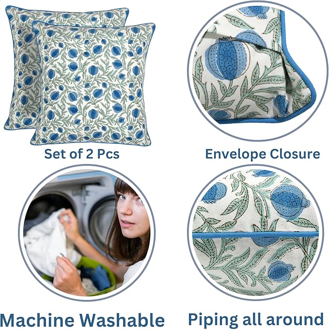 Ridhi Block Print Queen Blue Pillow Cover 18" x 18" (Pack of 2) Decorative Couch Pillows for Living Room, Chic Boho Cute Outdoor Pillows Covers Gifts for Spring, Easter and Valentine