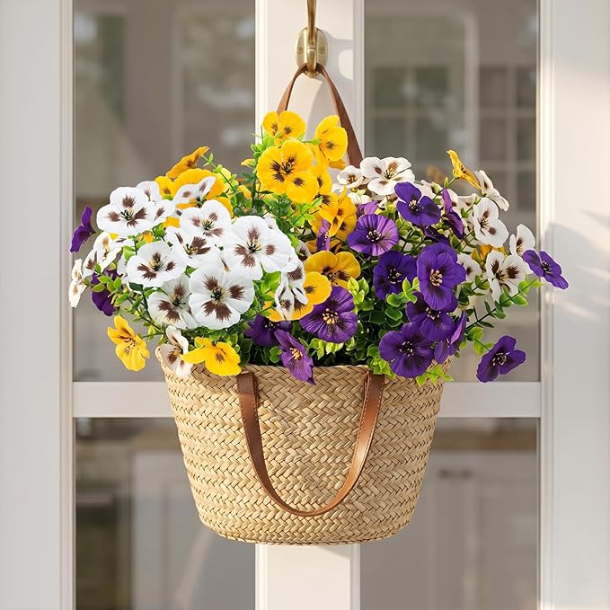 Rowfad 36 Pcs Artificial Fake Pansy Flowers for Outdoor, Faux Silk Pansies Spring Flowers for Outside for Planter Front Door Porch Yard Patio Window Box Home Decor (36, Purple, Yellow, White)