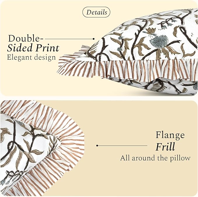 CPC Cocoa Vine Hand Block Print 100% Cotton Ruffle Throw Pillow Cover 24x24 inch with Hidden Zipper Decorative for Couch, Bed, Sofa, Farmhouse, Cottagecore Decor Gift Christmas Fall Thanksgiving