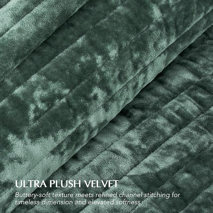 EverGrace Velvet Quilt Set Queen Size, Luxurious Soft Striped Channel Bedding Set, Lightweight Velvet Comforter for All Season, Oversized Bedspread Coverlet with 2 Matching Shams, Dark Green