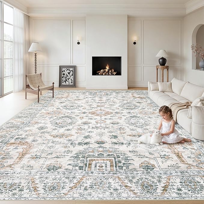 XLUEZ Area Rug 8x10 Living Room Rug, Machine Washable Vintage Distressed Boho Area Rug Non-Slip Soft Low Pile Large Indoor Rugs for Bedroom Kitchen Dining Room Office(Brown Green,8'x10')