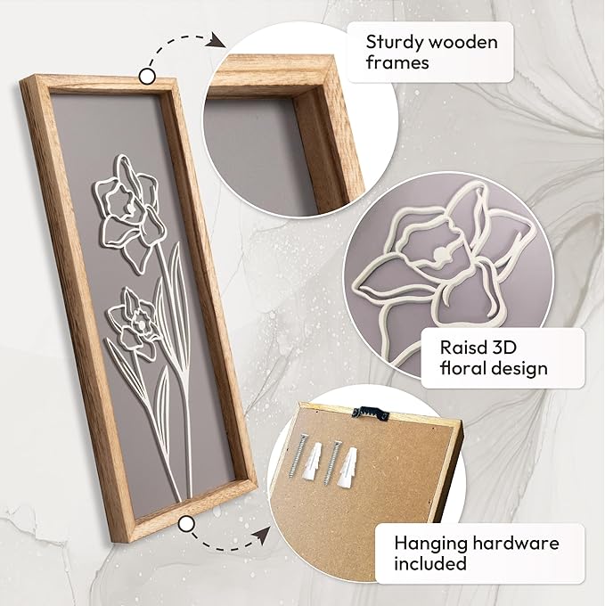 3D Wooden Floral Bathroom Wall Decor (Set of 4) Lightweight, Ready-to-Hang Framed Wall Art For Living Room, Bedroom, or Office - Premium Boho Botanical Farmhouse Decorations - Gift-Boxed