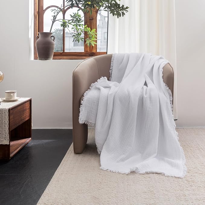 FOSSA Muslin Blanket 4-Layer 100% Cotton Gauze Blanket with Fringe 50"x70" | Super Soft Breathable Lightweight All Season & Decorative Blanket or Bed, Sofa, Office (Bright White,Throw XL)