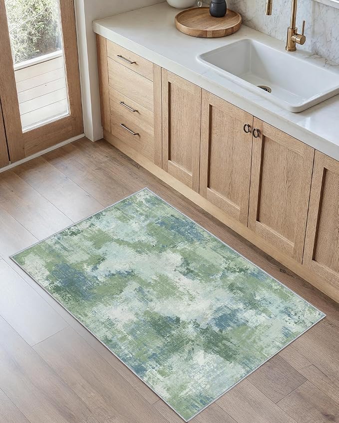 Washable Area Rug 2x4, Small Entryway Rug Non-Slip Vintage Door Mat Indoor Entrance, Low Pile Floor Carpet for Entrance, Hallway, Kitchen and Corridor,Green