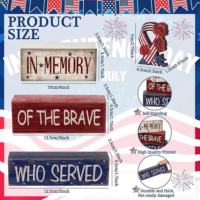CroBlissful 4 Pcs Memorial Day Table Decorations Patriotic Tabletop Decorations Red White Blue Fourth of July Table Centerpieces Sign for Office Tiered Tray Home Shelf 250th Anniversary