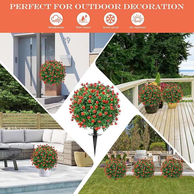 FAJUNZH Artificial Topiary Bushes for Outdoors with Spike, Boxwood Ball Fake Shrubs UV Resistant Faux Plants for Indoor Outdoor Fall Thanksgiving Halloween Decor (Artificial Boxwood Ball Bush-Red)