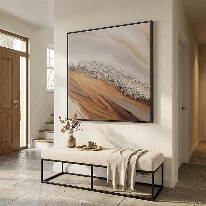 Extra Large Framed Neutral Abstract Wall Art for Living Room, Oversized Square Modern Canvas Prints Paintings, Beige and Earth Tone Pictures for Hallway Dining Bedroom Office Wall Decor 40x40 In