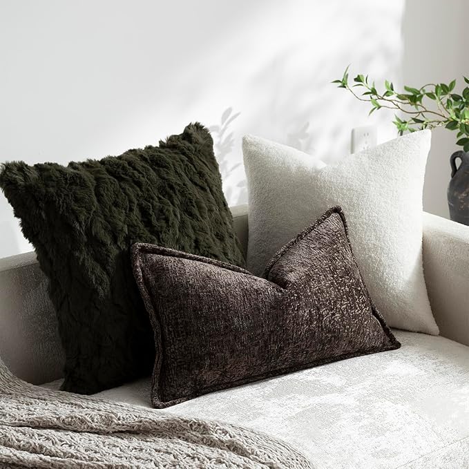 DEZENE Pack of 2 Chocolate Brown Decorative Throw Pillow Covers 12x20 Cozy Soft Chenille Accent Vintage Rectangular Lumbar Couch Pillow Covers for Home Decor Bed Sofa Living Room
