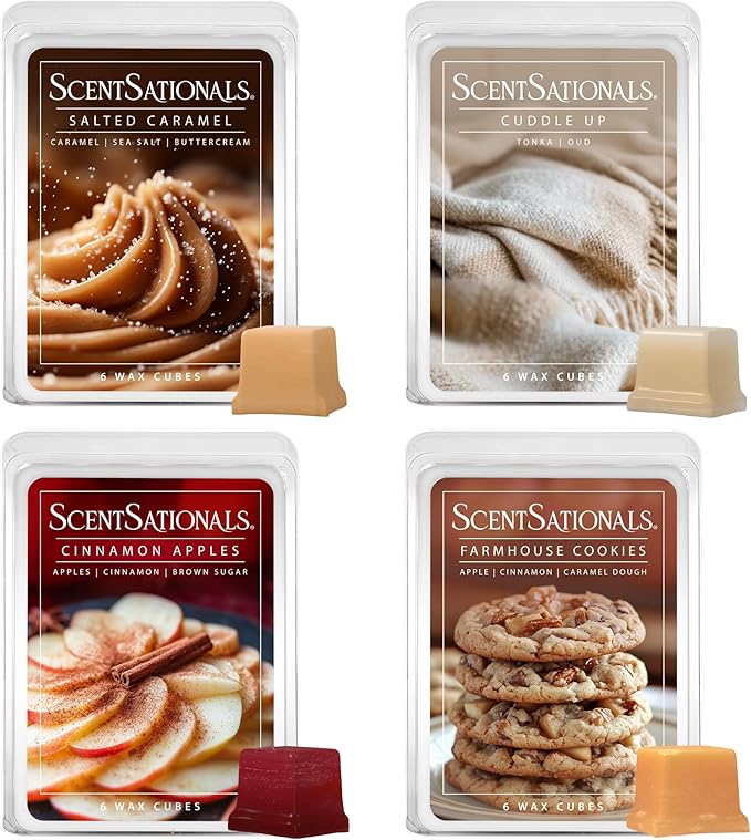 Scentsationals Fall Wax Melts Home Sweet Home 4pk – Long Lasting, Strong Scent Melts for Warmers, Includes Cuddle Up, Cinnamon Apples, Salted Caramel Butter Cream & Farmhouse Cookies, 10oz (24 Cubes)
