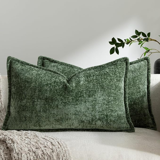 DEZENE Pack of 2 Forest Green Christmas Decorative Throw Pillow Covers 12x20 Cozy Soft Chenille Accent Vintage Rectangular Lumbar Couch Pillow Covers for Home Decor Bed Sofa Living Room