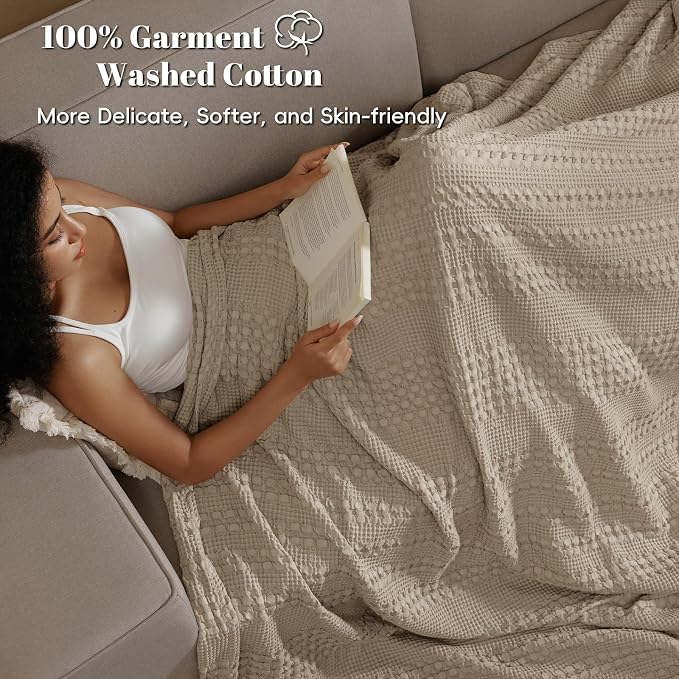 PHF 100% Cotton Waffle Blanket Queen Size for Bed, Lightweight Breathable and Soft for Summer, Luxury Aesthetic Waffle Weave Blanket for Home Decor & Gifts for Women, 90"x90", Taupe