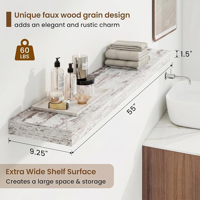 Marsmiles 55in Floating Shelves for Wall, 55" W x 9.25" D x 1.5" H, Long Wall Mounted Engineered Wood Shelves with Invisible Brackets for Living Room, Bedroom, Bathroom, Kitchen, Vintage White, 2Pcs